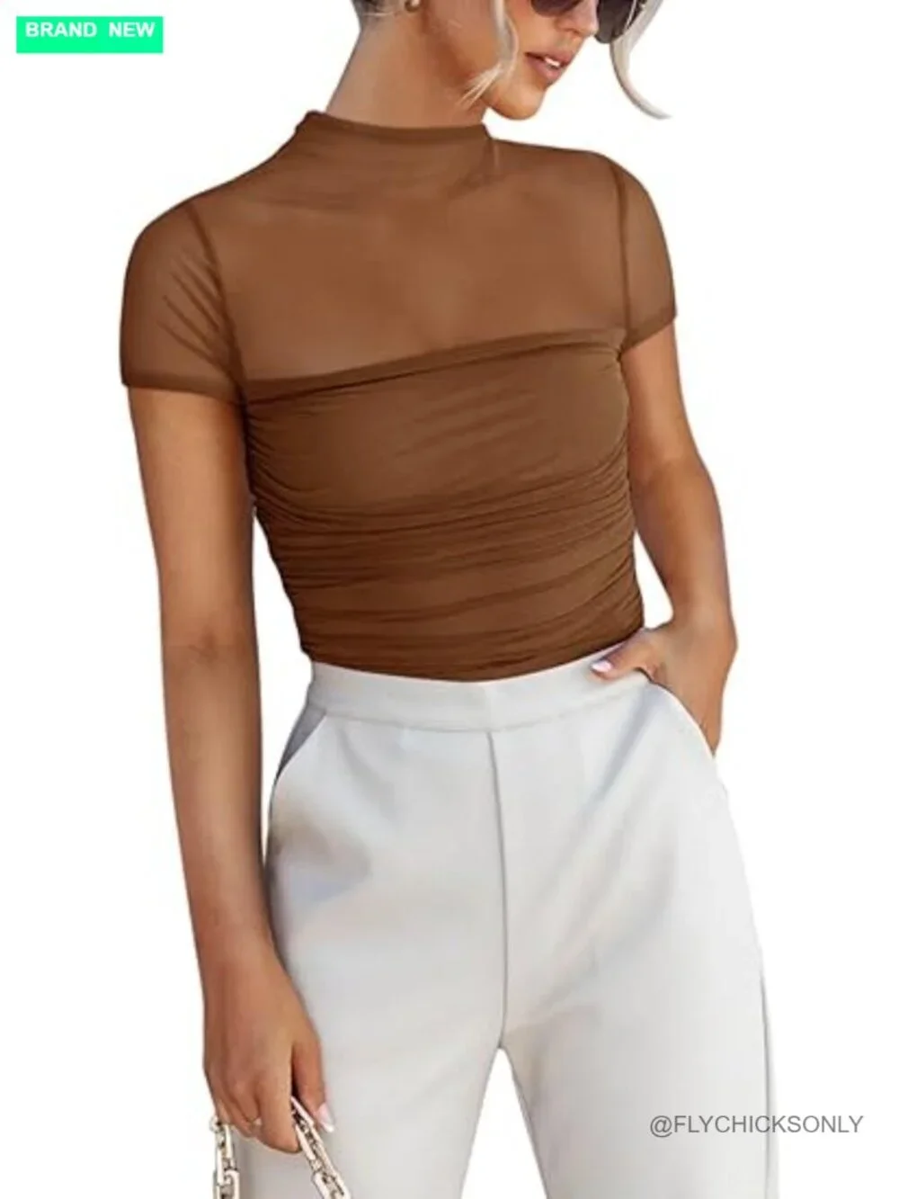 Sheer Mesh Ruched Mock Turtle Neck Bodysuit Top Ruched Going Out Snatched